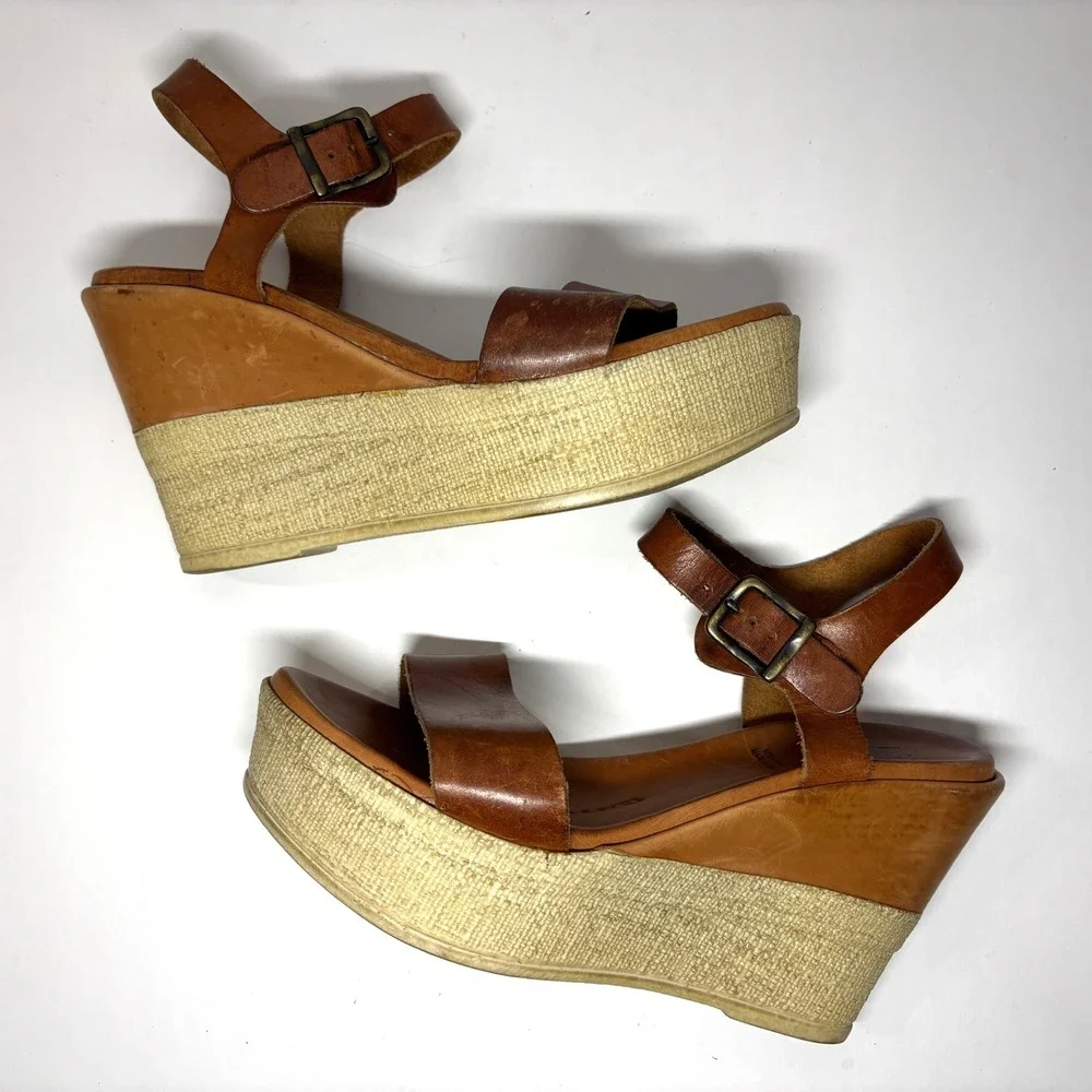 220V Platform Wedge‎ Sandals Womens 41 Brown Leather Made in Italy Boho Retro
